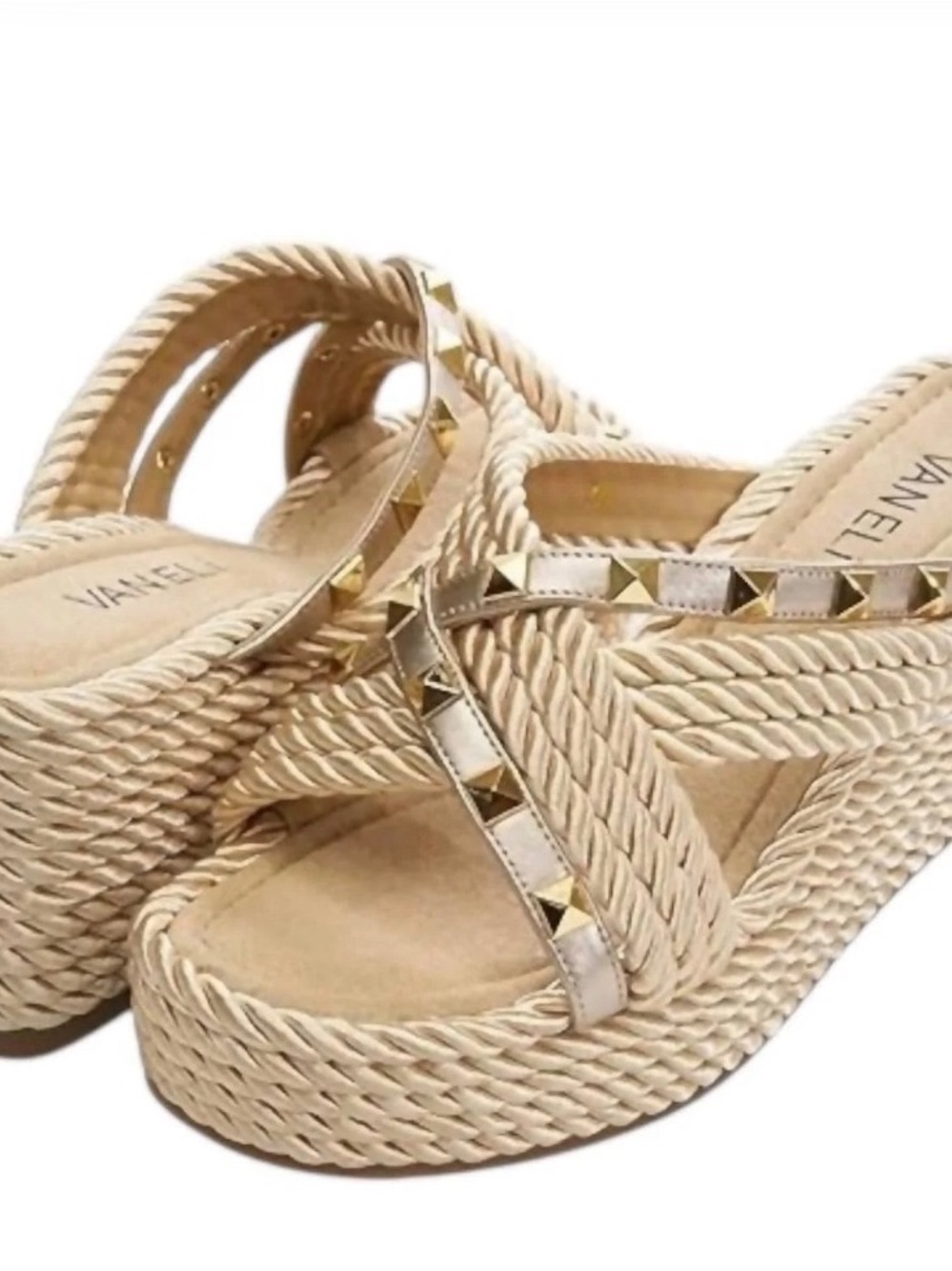 Vaneli Cream Braided Rope Platform Slide Sandals with Gold Studs Sz 7